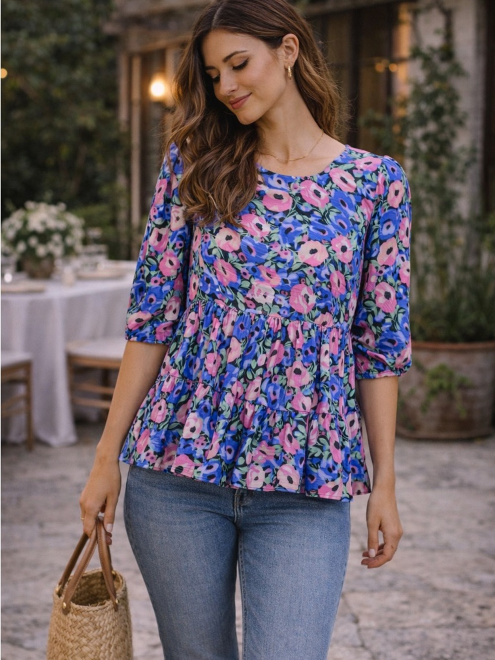 NWOT Umgee Floral Peplum Blouse ✨ Blue Pink Boho Top | Ruffle Babydoll